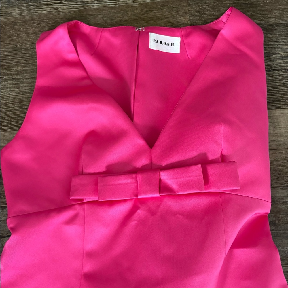 P.A.R.O.S.H Pink Satin Sleeveless Mini Dress Bow 2